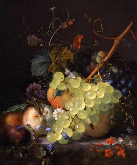  Still-life of grapes and a peach on a table-top
